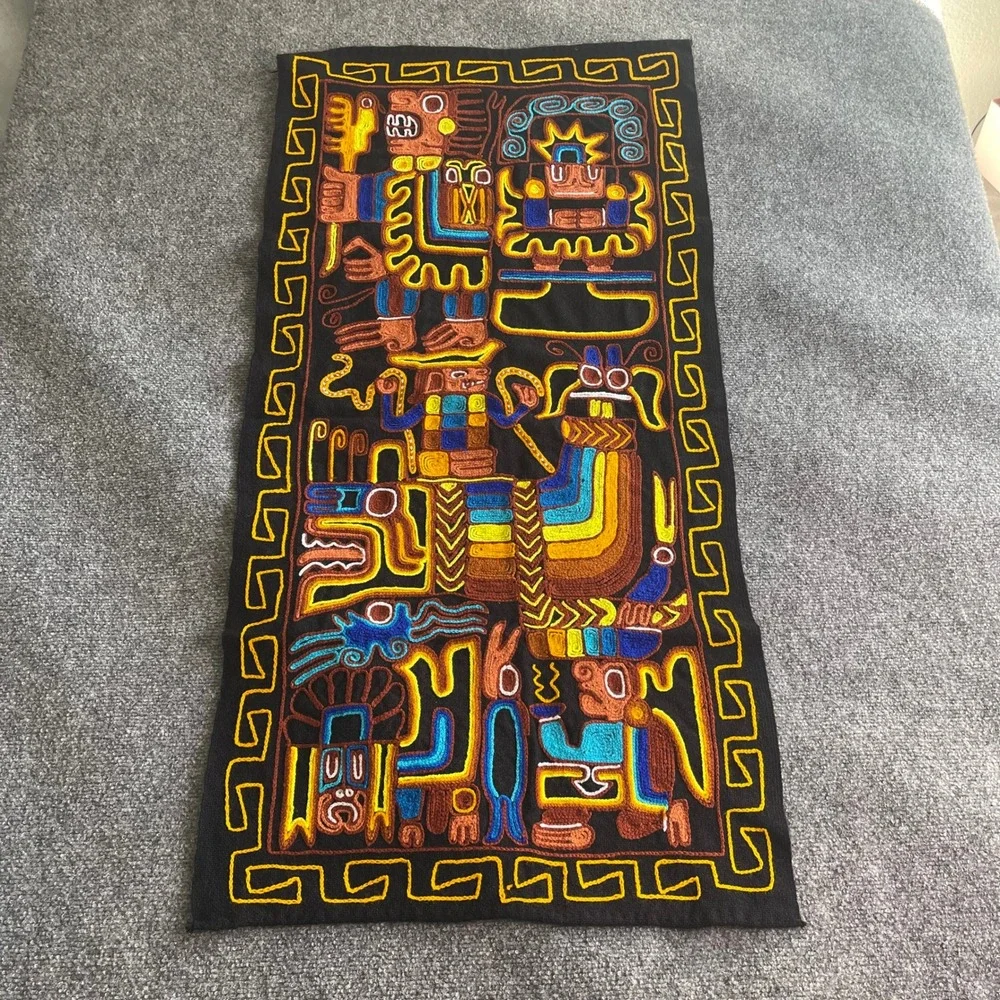 Vintage Peruvian Hand Embroidered Textile Wall Hanging Andean Folk Art Black